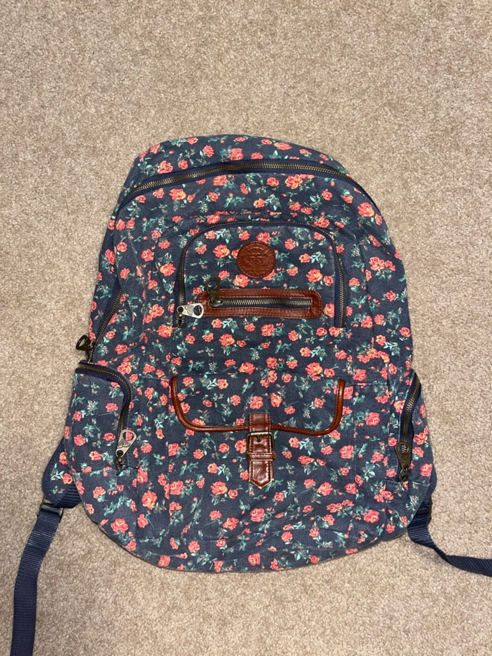 Roxy Navy Canvas Backpack with Coral Floral Print